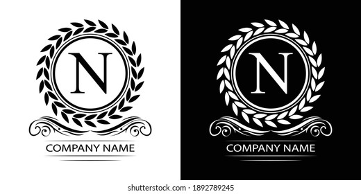 Letter N laurel wreath template logo Luxury gold letter with crown. Monogram alphabet . Beautiful royal initials letter.	