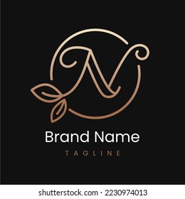 Letter N Leaf Elegant Luxury Logo Design in Circle