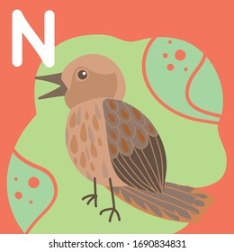 Letter N. Learning English alphabet with colorful animals and birds. Vector cartoon Nightingale