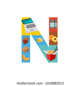 Letter N learning poster for kids. Alphabet for preschool and primary school education.