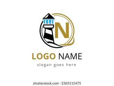 Letter N Lighthouse Logo Design Vector Template. Modern vector lighthouse logo for business, organization, or website