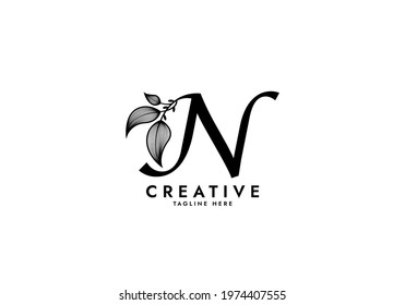 Letter N Linked Leaf Logo, Black color, unique design