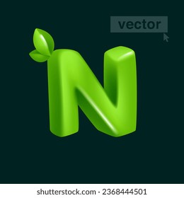 Letter N logo 3D render in cartoon cubic style with green leaves. Eco-friendly vector illustration. Impossible isometric shapes. Perfect for nature banner, healthy food labels, garden, and grass adv.