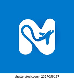 Letter N logo with airplane trail. Negative space style icon. Plane navigator pointer. Vector typeface for airline identity, travel app, journey posters, jet company, and shipping advertising.