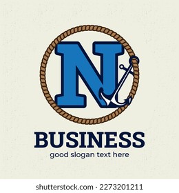 Letter N logo with anchor illustration logo design template, nautical logo concept, vintage style.