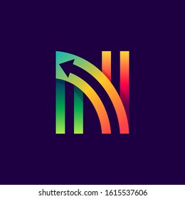 Letter N logo with arrow inside. Vector bright colours typeface for delivery labels, business headlines, finance posters, sport cards etc.