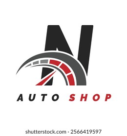 letter N logo auto mechanic with speedometer style. Alphabet N automotive speedometer design icon