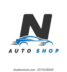 letter N logo auto mechanic with car style. Alphabet N automotive car design icon