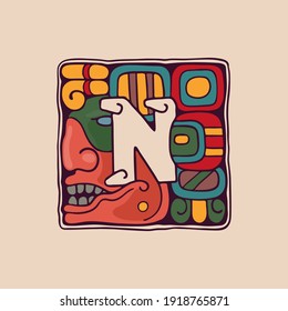 Letter N logo in Aztec, Mayan or Incas style. Native American symbol with warrior or god face. Perfect for ethnic labels, sport emblem, tattoo design and tribal identity, etc.