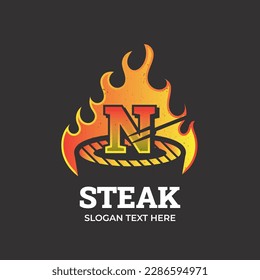 Letter N logo barbecue logo with bbq logotype and fire concept in combination with spatula, vintage.
