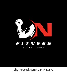 Letter N Logo With barbell. Fitness Gym logo. Vector logo design