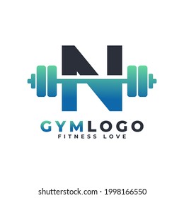 Letter N Logo With Barbell. Fitness Gym logo. Lifting Vector Logo Design For Gym and Fitness. Alphabet Letter Logo Template