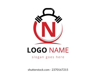 Letter N Logo With barbell. Fitness Gym logo. Lifting vector logo design. Vector logo for bodybuilding