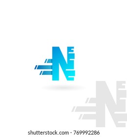 Letter N logo. Blue distorted vector icon. Speed concept font.