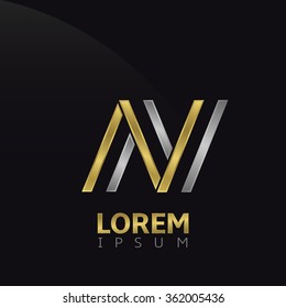 Letter N logo. Brand symbol with golden and silver elements, Vector illustration