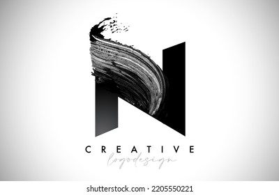 Letter N Logo Brush Stroke with Artistic Watercolor Paint Brush Icon Vector Design. Modern Elegant Minimalist Stroke Letter N Shape Symbol with Paint Style Swoosh. 