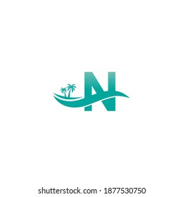 Letter N logo  coconut tree and water wave icon design vector