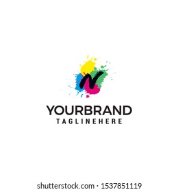 Letter N logo at colorful paint splash background design element template