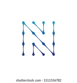 Letter N Logo consisted of dots and lines, molecular structure. Stock Vector illustration isolated on white background.