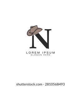 Letter N Logo with a Cowboy Hat. Alphabet N with modern Design Stetson Hat Icon