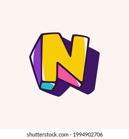 Letter N logo in cubic children style based on impossible isometric shapes. Perfect for kids labels, illusion branding, cute birthday posters etc.