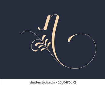 Letter n logo with decorative leaf and swirl elements.Ornamental calligraphy lettering sign.Alphabet initial icon isolated on dark background.Elegant,organic,luxury,beauty style character shape.