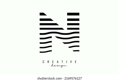 Letter N logo design with black straight and zig zag lines. Vector illustration with wavy lines.