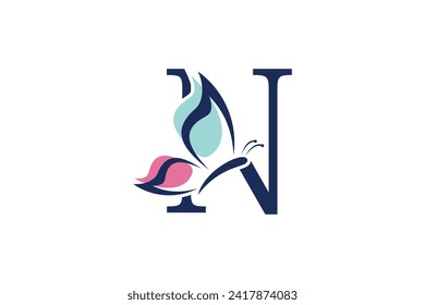 letter n logo design with butterfly illustration logo concept