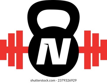 letter n logo design with dumbbell and kettlebell