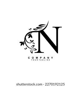 letter N logo design with flowers, leaves and black feathers in a beautiful and elegant style. monogram N. typography N. initial N logo. suitable for, business, wedding, boutique, company, hotel, etc