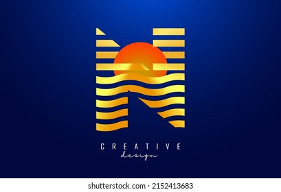 Letter N logo design with golden straight and zig zag lines. Vector illustration with wavy and sunset color lines and half circle.