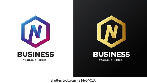 Letter N logo design with polygonal lines geometric shape gold gradient concept luxury for business company
