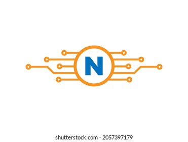 Plantilla de diseño de logotipo de carta N. N Carta Para La Protección De Logotipos Cibernéticos, Tecnología, Biotecnología Y Alta Tecnología. Diseño de logotipos de redes