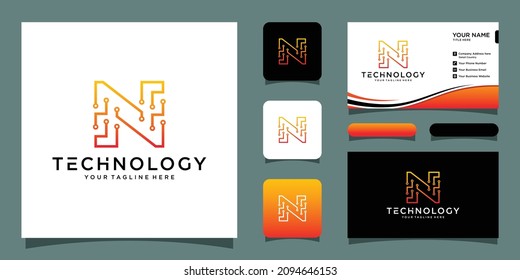 Letter N Logo Design Template Technologie, Elektronik digital mit Visitenkartendesign-Vorlage
