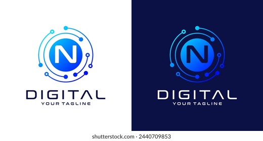 Letter N logo design template, Abstract point connection technology, digital, data and circle circuit technology