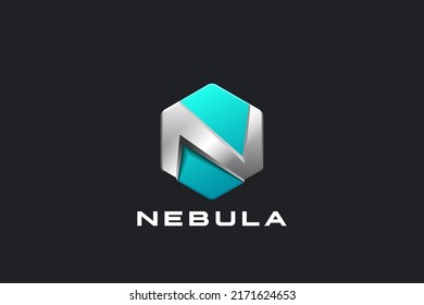 Letter N Logo Design Vector Template Hexagon Shape. Blockchain Technology Media Crypto Style Logotype concept icon.