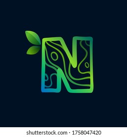Letter N logo with eco waves pattern. Perfect vector green icon for landscape design, natural print and cartography labels, etc.