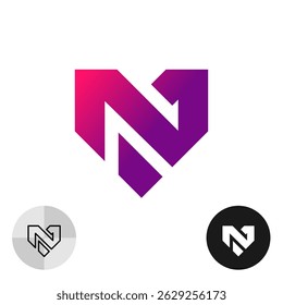 Letter N logo in a geometric shape of a heart or shield. Construction, sport or defense concept icon. Number one first place leader concept symbol.