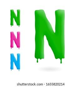 Letter N logo. Green, blue and pink character with drips. Dripping liquid symbol. Isolated vector