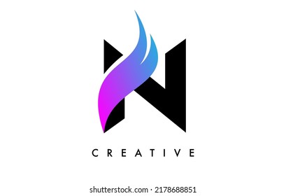 Letter N Logo Icon Design with Purple Swoosh and Creative Cut Curved Shape Vector Illustration.
