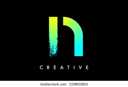 Letter N Logo Icon Design with Rounded Shape and Artistic Brush Stroke Ending. Letter n in Green Blue Electric Vibrant Color Vector Illustration.