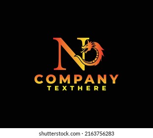 letter N logo icon with dragon design vector-fire color black background