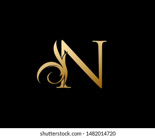 Letter N Logo Icon . Initial Letter N Design Vector Luxury Gold Color.Print monogram initials stamp sign symbol.