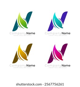 Letter N logo and leaf design combination, colorful style