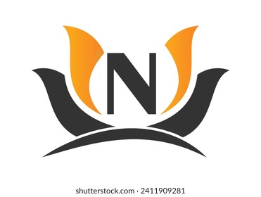 Letter N Logo with Lotus Flower Design Symbol Vector Template.