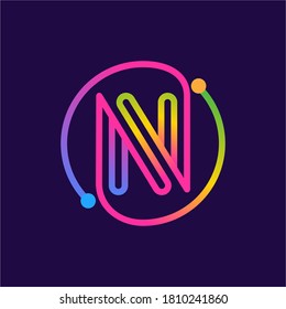 Letter N logo made of circle shape circuit. Multicolor gradient vector design can be used for technology ads, digital poster, communication identity, etc.