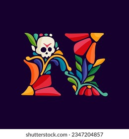 Letter N logo with Mexican colorful and ornate ethnic pattern. Traditional Aztec leaves and flowers embroidery ornament. Vector design template for folk Spanish food, holidays, carnival, and party.