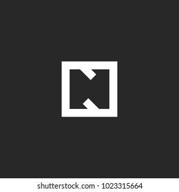 Letter N logo monogram, linear initial in the square geometric shape, black and white typography design element template