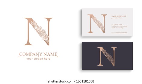Logotipo o monograma de la letra N. Para su negocio. Signo vectorial. Estilo floral, bellas rosas. Logo personal.