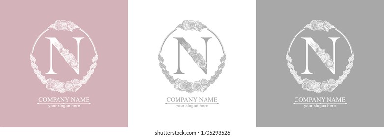 Letter N logo or monogram. For your business. Vector sign. Floral style, beautiful roses. Personal logo.